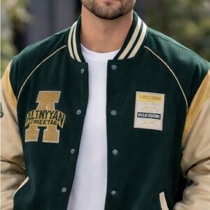 Men’s 6XL Varsity Jacket Faux Leather Sleeves – Green/Beige